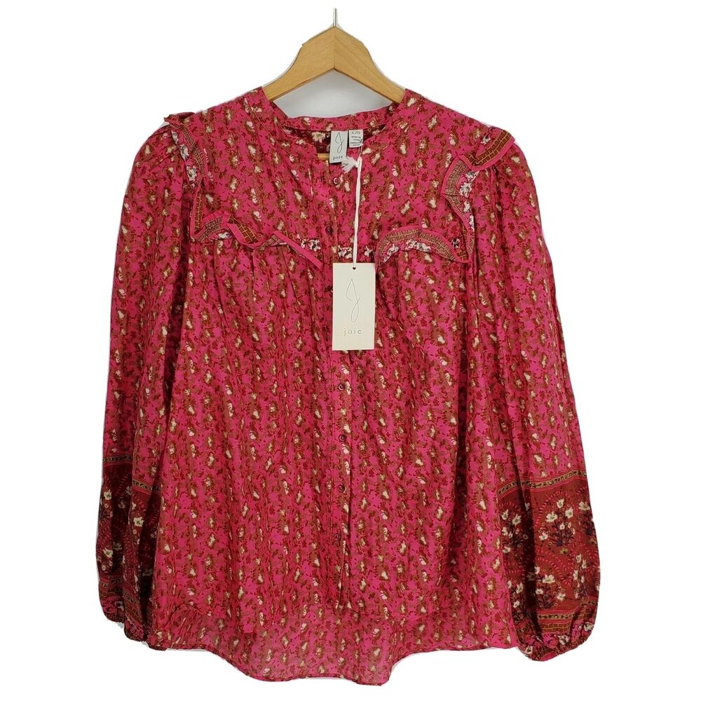 New Joie Womens Button Front Ruffle Yoke Top Floral Print Balloon Sleeves Large